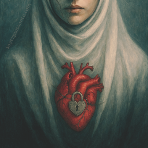 Femme musulmane voilée, le cœur fermé derrière un masque. Elle se sent brisée. Son coeur est fermé.