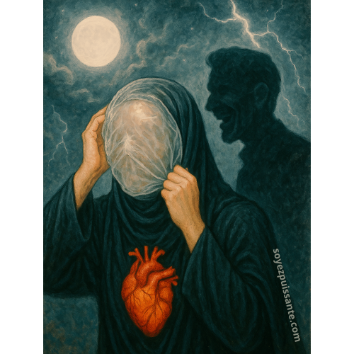 Femme musulmane voilée portant un masque pour plaire aux autres, mais qui étouffe intérieurement, cherchant la force de dire 'non' quand son cœur le crie. Derrière elle un homme se moque d'elle.