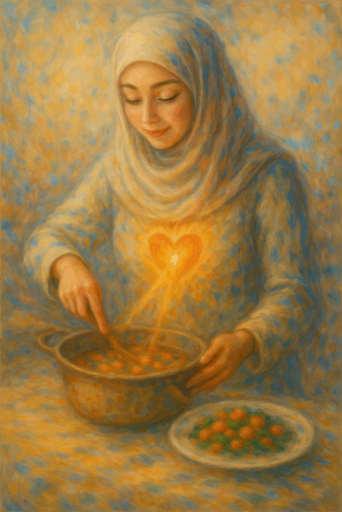 une femme musulmane prépare un repas avec une bonne intention.la niyyah dans le couple.