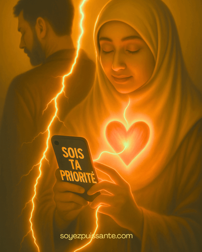 femme musulmane qui regarde son téléphone avec des slogans qui la pousse a divorcer