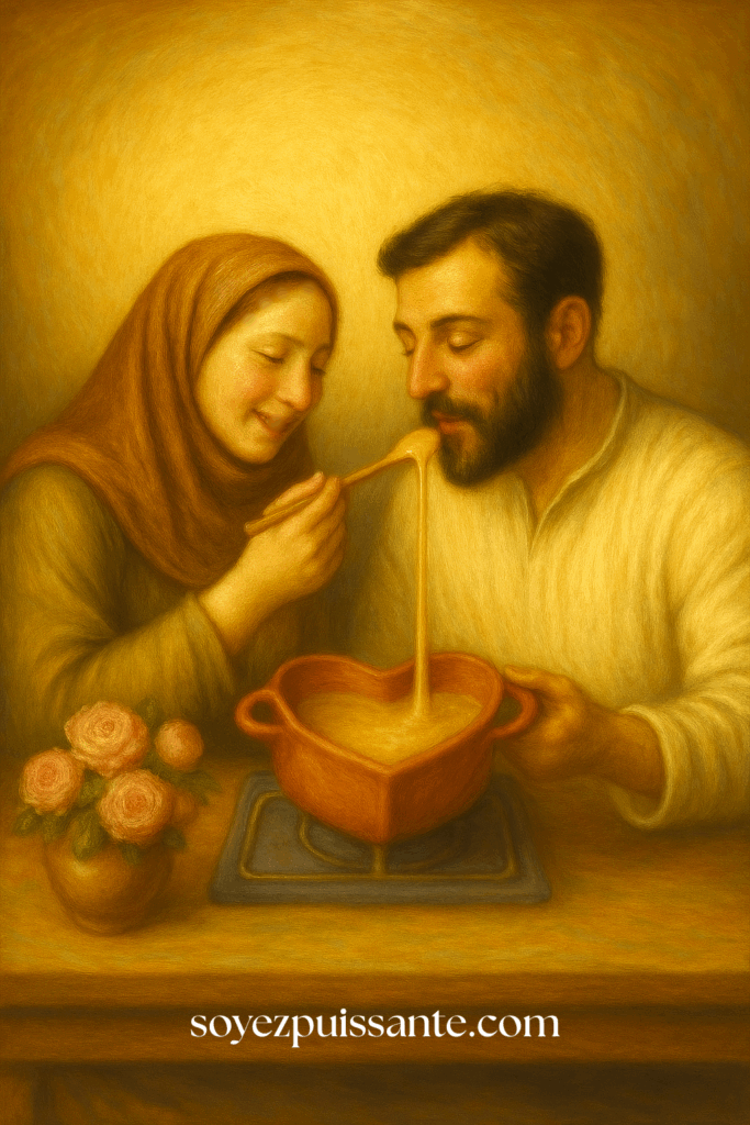 l'épouse lui tend la cuillère avec douceur, et lui, les yeux fermés, savoure  la Sakina, Mawadda, Rahma