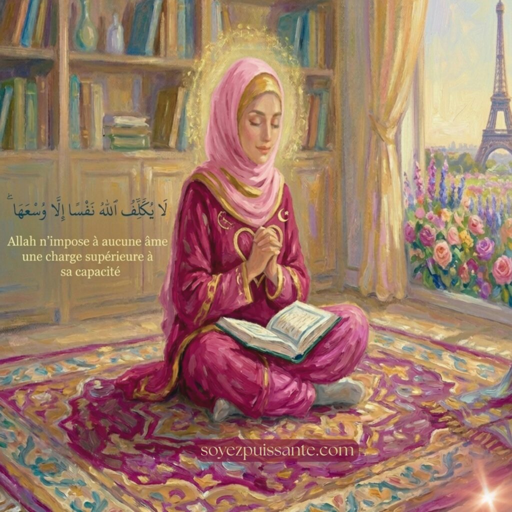 Femme musulmane et culpabilité. Femme en sérénité qui médite sur Al-Baqara 286 pour se libérer de la culpabilité