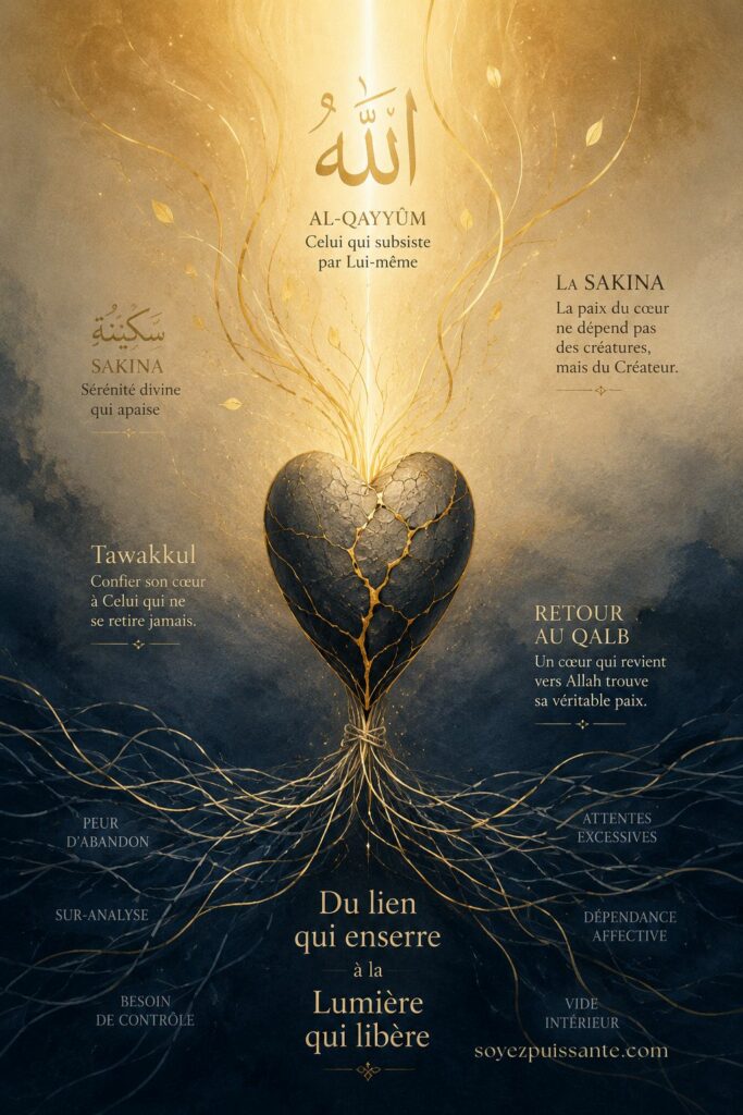 Style d’attachement et mariage Illustration abstraite d'un cœur aux fêlures dorées s'élevant vers la lumière divine, symbolisant le style d'attachement, la guérison de la dépendance affective en islam et le retour à la sérénité.