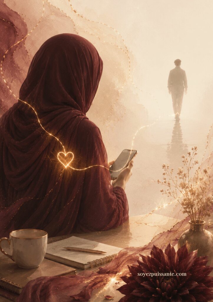 Illustration d’une femme musulmane voilée, vue de dos, tenant son téléphone avec inquiétude tandis qu’un homme s’éloigne dans une lumière brumeuse. Un fil doré relie son cœur au téléphone, symbolisant l’attachement anxieux, l’attente et la peur de perdre l’être aimé. Palette beige, rose poudré, bordeaux et or.