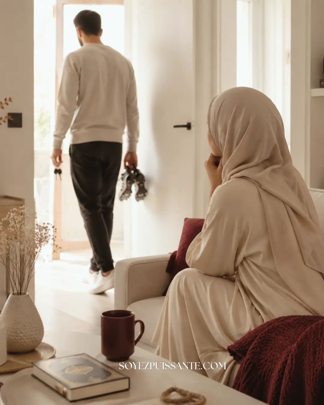 Illustration de Attachement anxieux dans le mariage musulman : une femme en hijab assise sur le canapé regarde son mari partir avec ses chaussures de foot