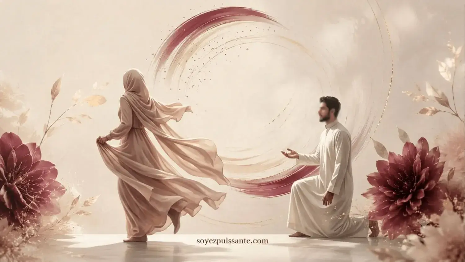 Femme musulmane voilée s’éloignant de son conjoint, illustration de l’attachement évitant chez la femme musulmane