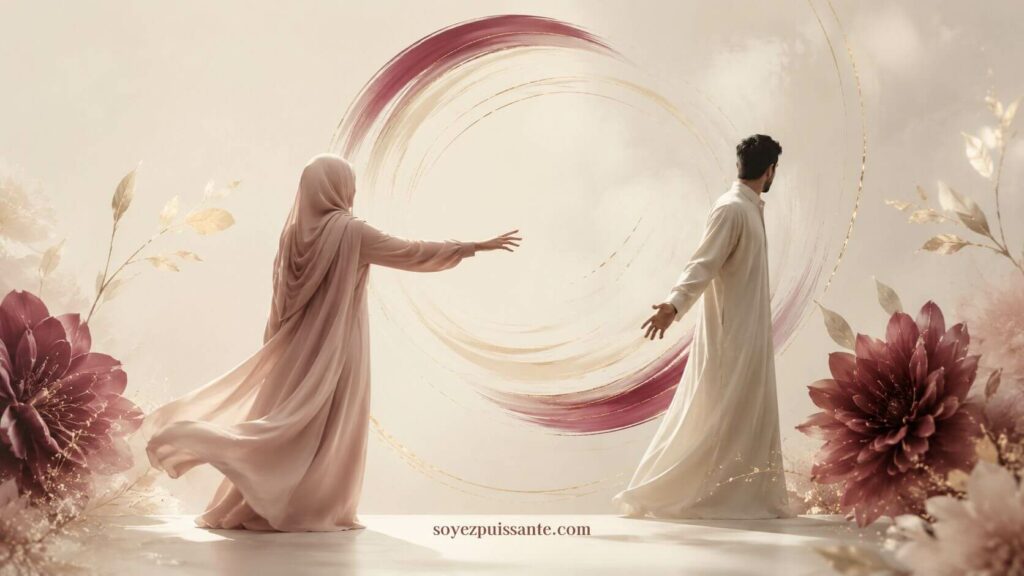 la danse anxieux-évitant dans le couple musulman, une femme va vers son mari tandis qu'il fuit